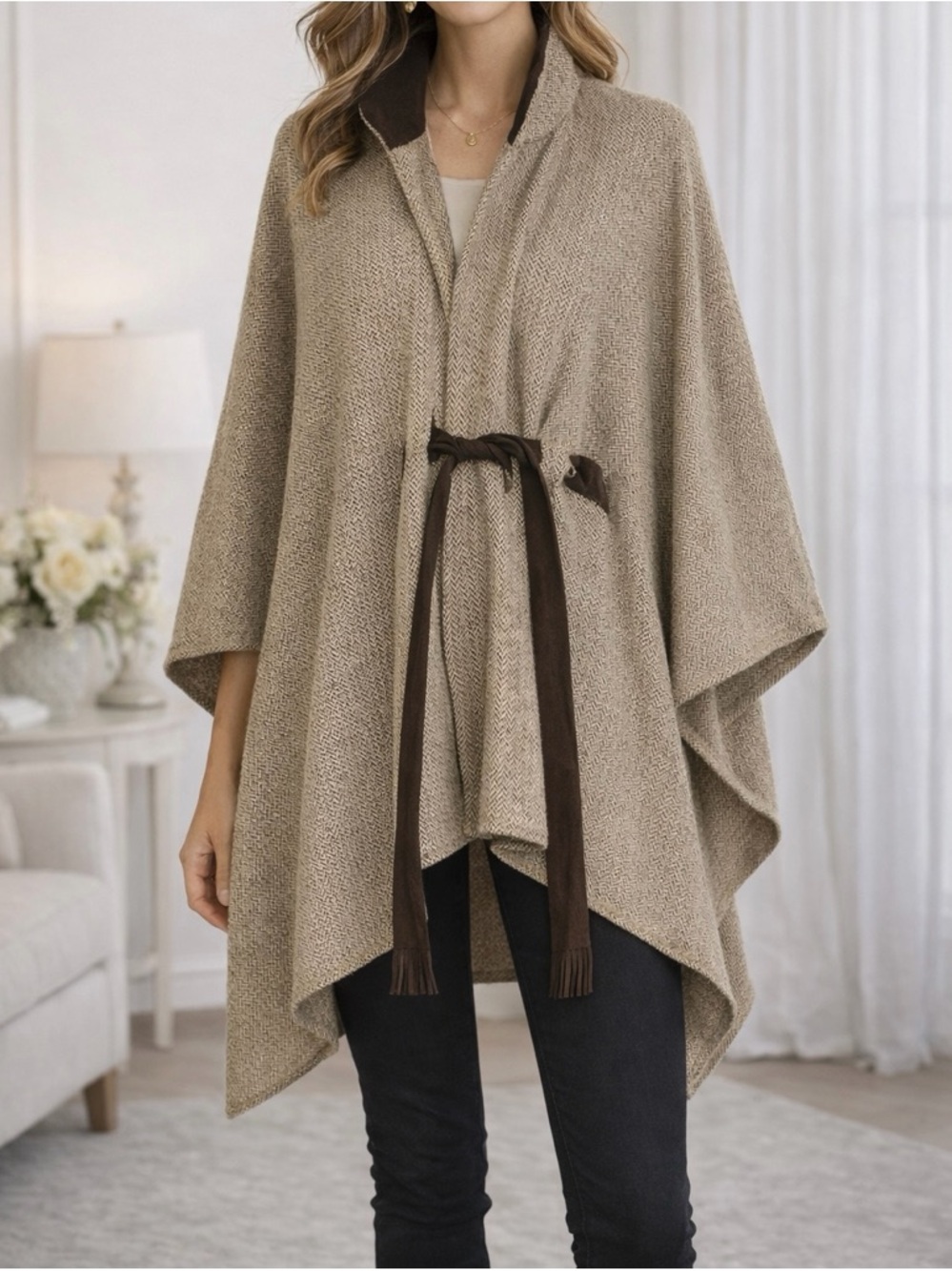 Soft Surroundings Herringbone Tweed Poncho Cape Wrap Belted S/M